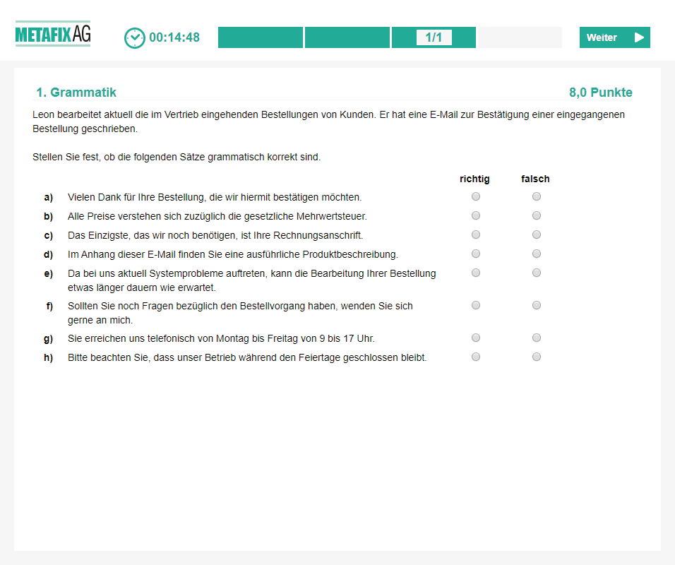 Muster-Aufgabe Grammatik 1 Metafix AG